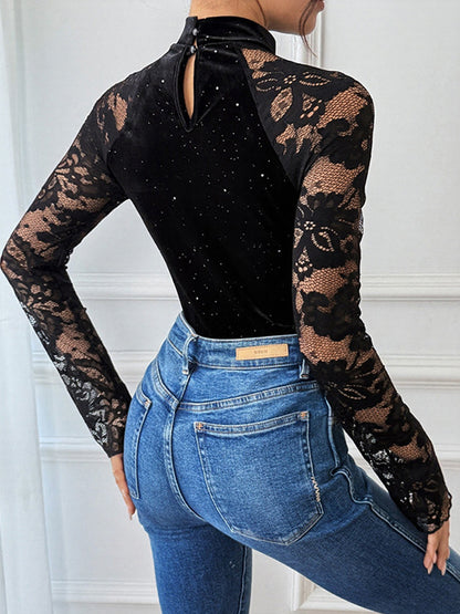 Valentines Lace Black Mock Neck Long Sleeve Sequin Elegant See Through Velvet Blouses