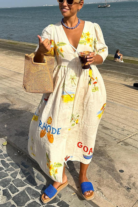 Vestido midi holgado con mangas abullonadas y botones, estampado único, de mezcla de lino de verano acogedor 