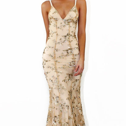 Strapless V-Neck Backless Sequined Dress