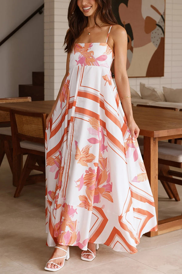 Vestido largo holgado plisado con cuello cuadrado y halter con estampado botánico 