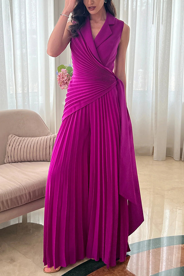 Solid Color Lapel Sleeveless Waist Tie Pleated Wide-leg Jumpsuit