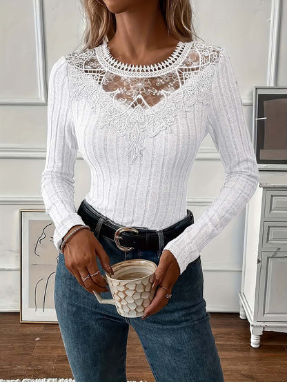 Valentines Grey Round Neck Long Sleeve Cut Out Casual Contrast Lace Blouses
