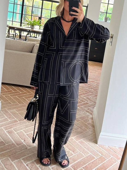 Geometric Letter Print Shirt Wide Leg Suit-Shirt