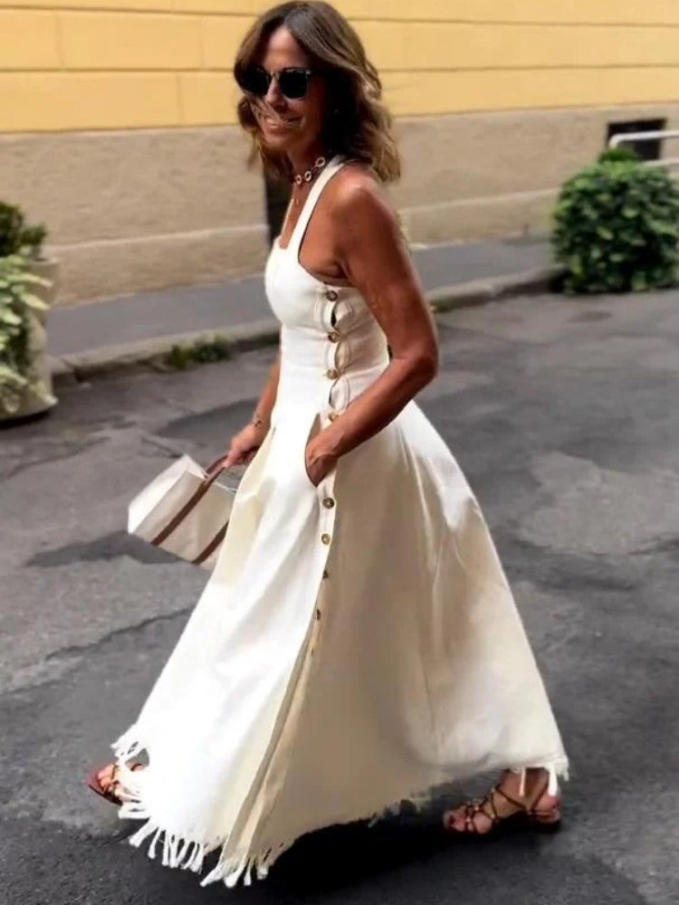 Boho Fringed White Maxi Dress with Pockets