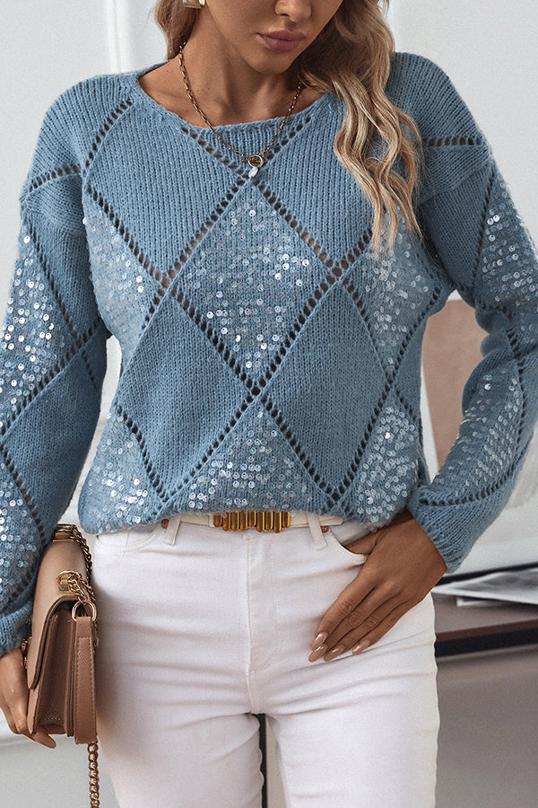Fashionable Hollow Sequined Loose Rhombus Knitted Sweater