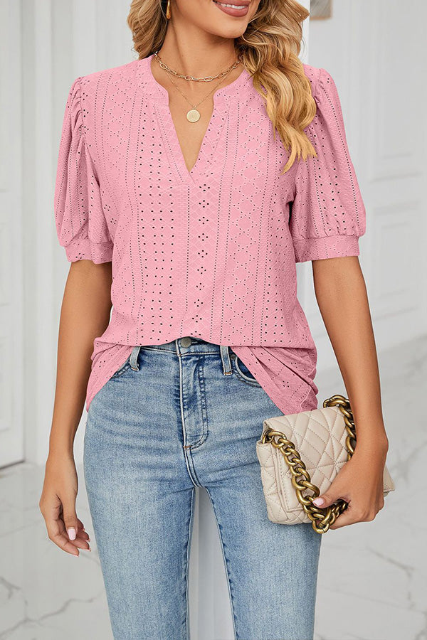 Camiseta holgada informal con cuello en V y mangas abullonadas huecas de color liso para mujer