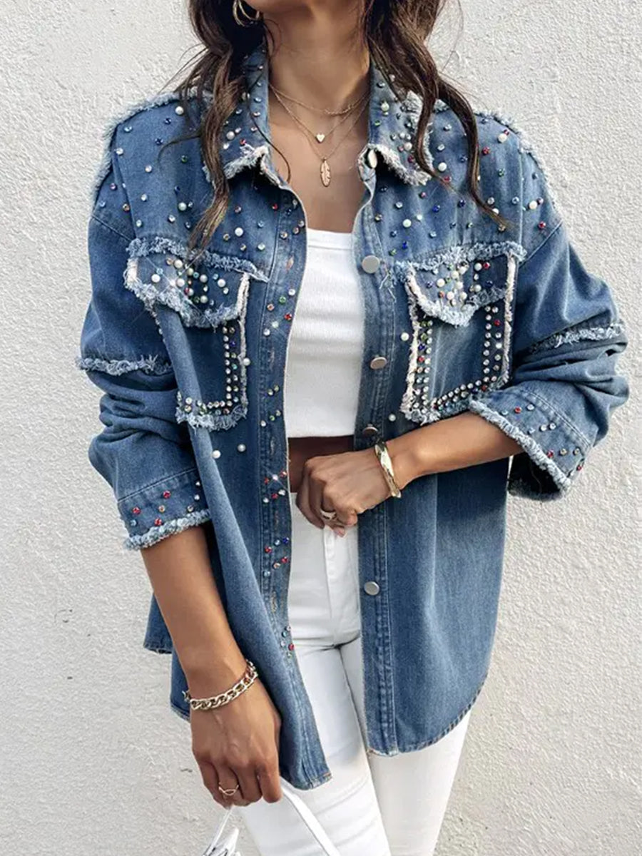 Casual Blue Denim Rhinestone Beaded Raw Edge Flap Pocket Long Sleeve Jacket