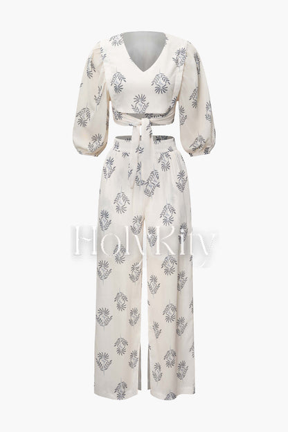 Printed V-neck Knot Front Blouse And Slit Hem Pants