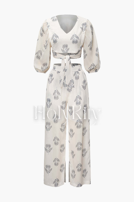 Printed V-neck Knot Front Blouse And Slit Hem Pants