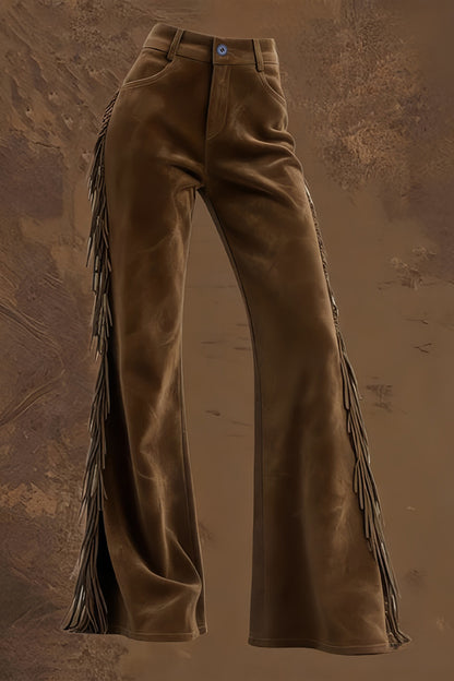 Stylish Suede High-waisted Fringed Casual Flared Pants