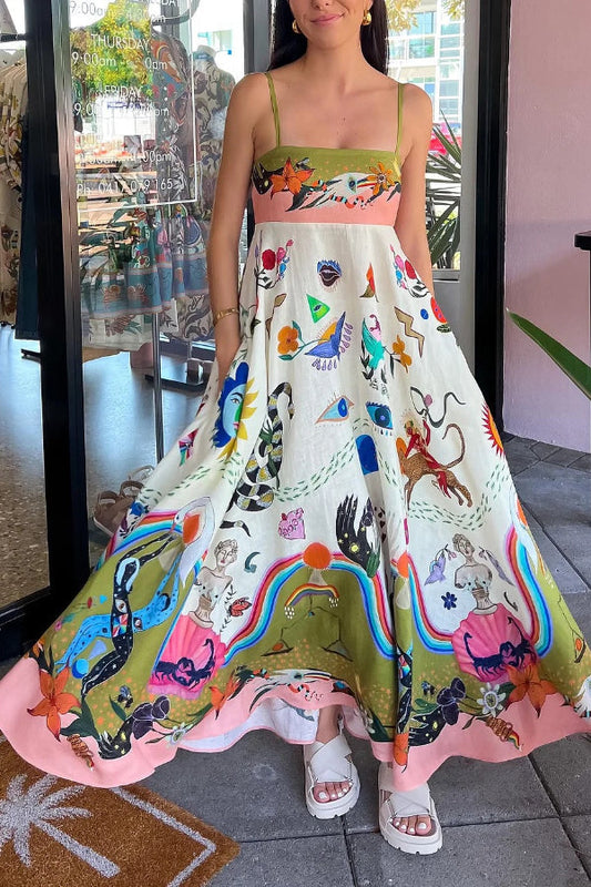 Vestido lencero con estampado de pintura y posicionamiento elegante