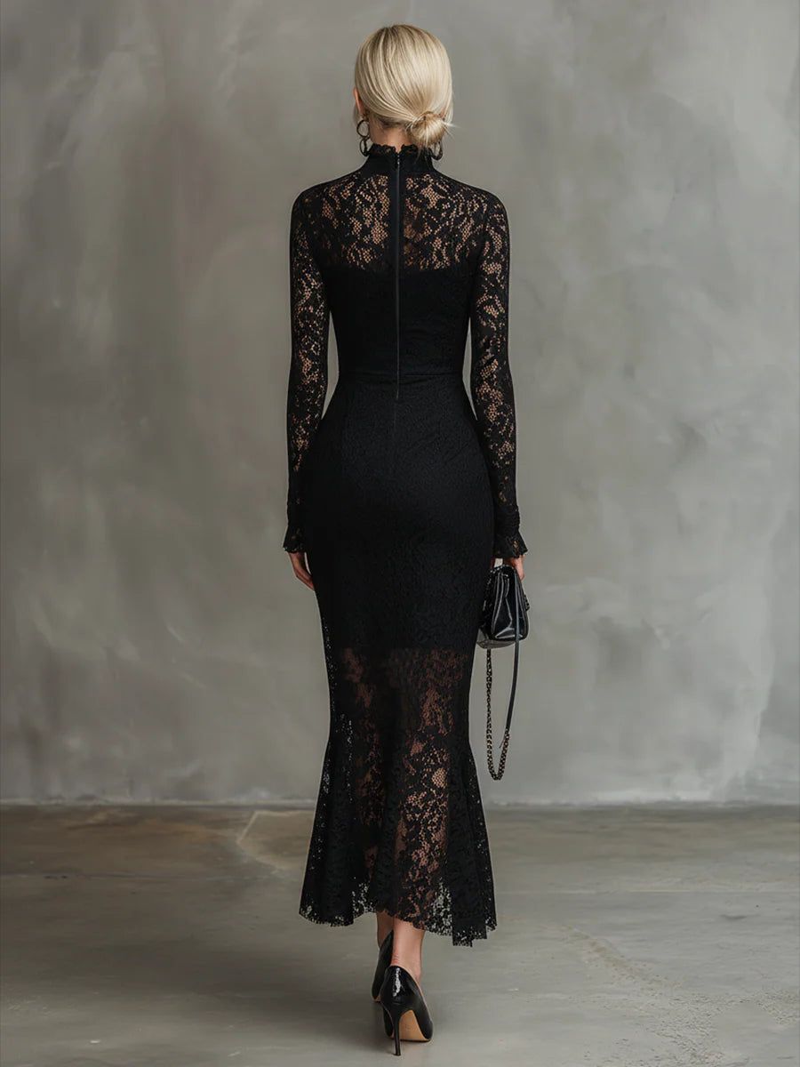 Daily Black High Collar Long Sleeve Mermaid Vintage See Through Lace Midi Dresses