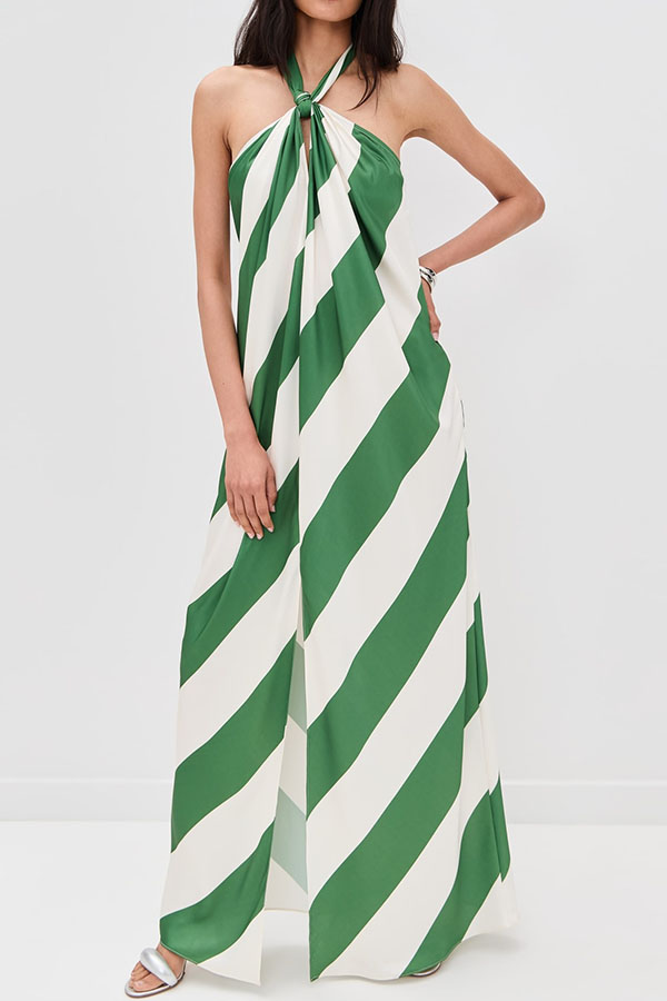 Most Dreamy Stripe Print Halter Tie-up Backless Pocket Loose Maxi Dress