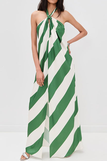 Most Dreamy Stripe Print Halter Tie-up Backless Pocket Loose Maxi Dress