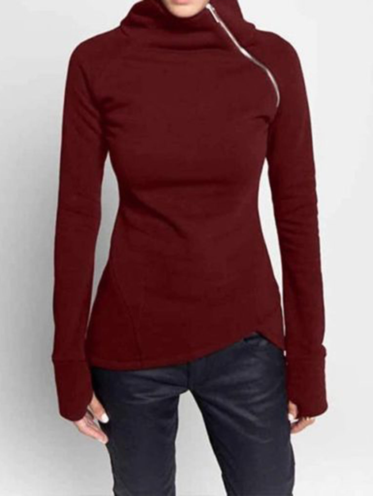 Casual High Neck Slant Zipper Long Sleeve Sweatshirt