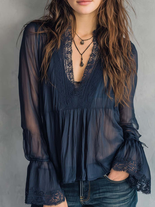 sheenchic Daily Mesh Royal Blue V Neck Long Sleeve See Through Vintage Ruffled Lace Blouses [Pre-Order]