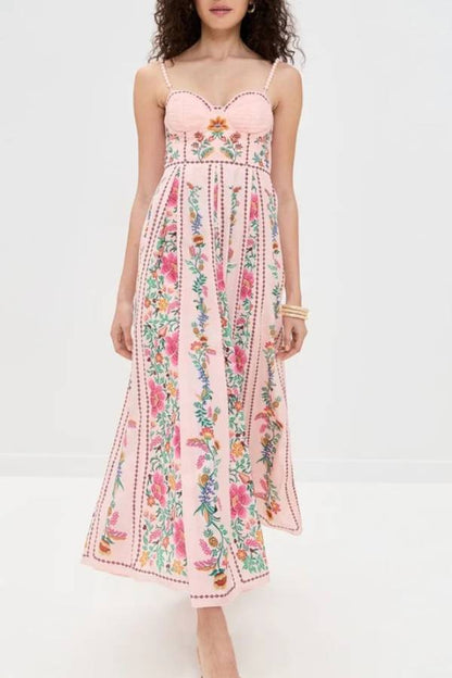 Vestido largo con tirantes de cuentas, escote corazón y estampado único de bosque delicado