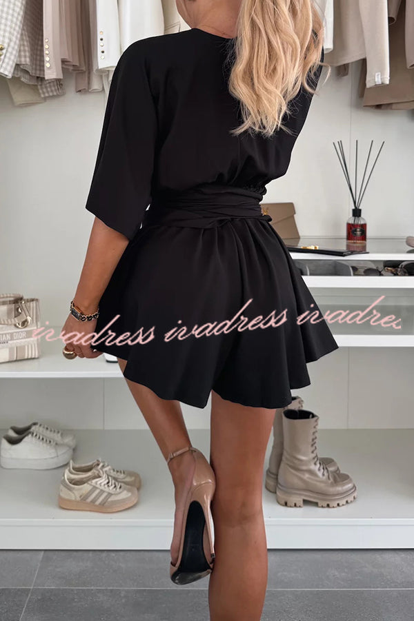 Stylish Comfortable V-neck Wide Sleeve Tie-up Loose Romper