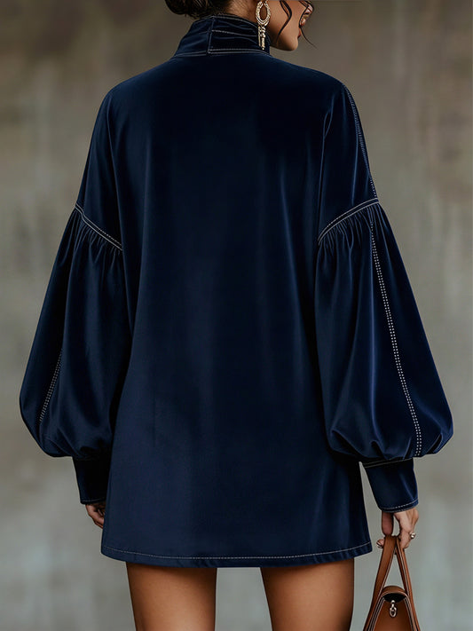 sheenchic Daily Navy Blue High Collar Lantern Sleeve Long Sleeve Bow Tie Elegant Velvet Mini Dresses