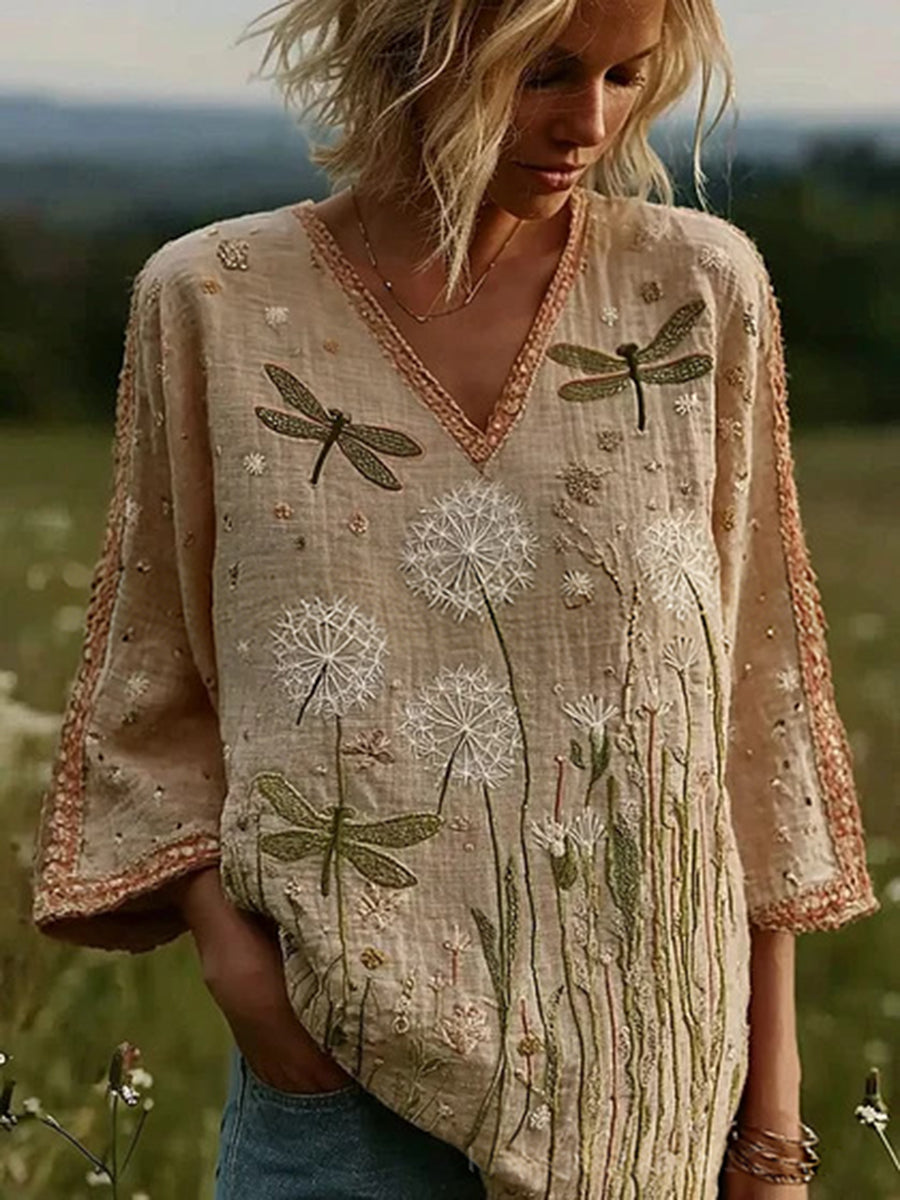 Vacation Burgundy Floral V Neck Lantern Sleeve Long Sleeve Contrast Vintage Linen Blouses