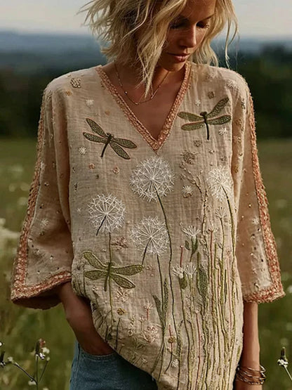 Vacation Burgundy Floral V Neck Lantern Sleeve Long Sleeve Contrast Vintage Linen Blouses