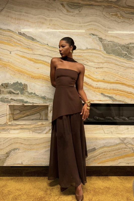 Strapless Halter Tie-Back Maxi Dress with Flowing Ribbons