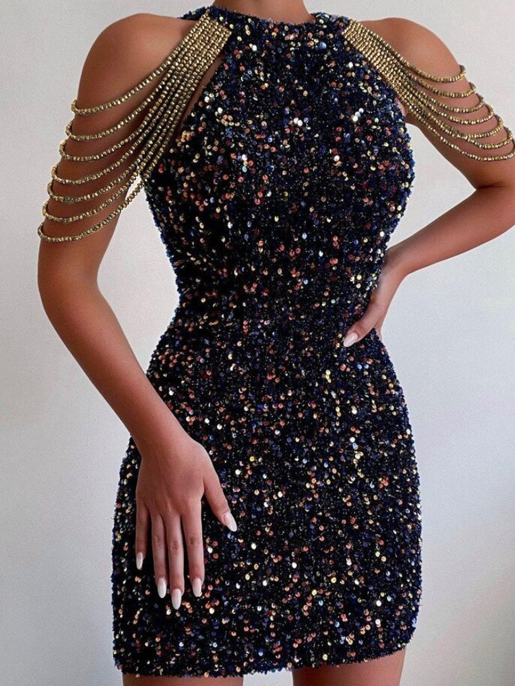 Crystal Chain Halter Sequin Gown