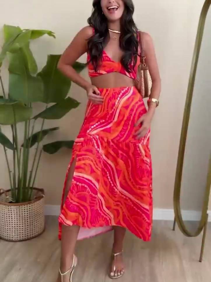 Unique Print Suspender And Skirt Two-Piece Set