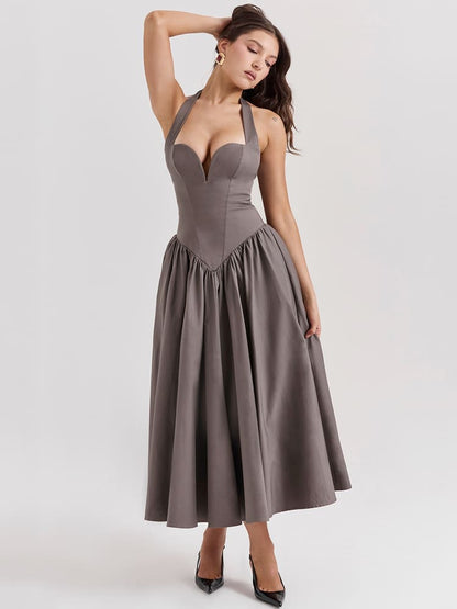 Halter Neck Midi Dress with Side Slit - Smoky Gray