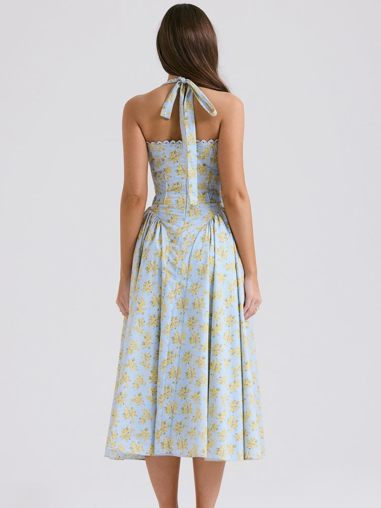 Soft Blue Vintage Floral Print Backless Tank Dress