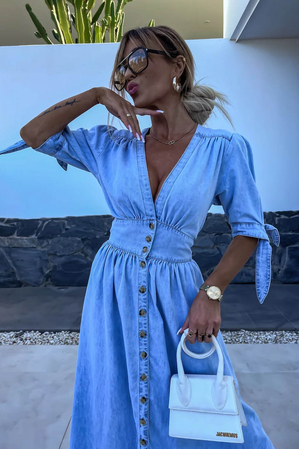Minimalist V-Neck Buttoned Denim Gown