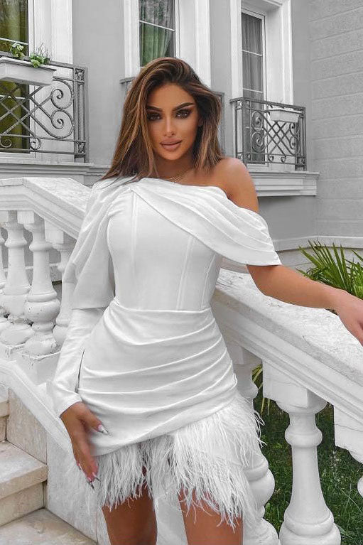 French One - Shoulder Feather Mini Dress
