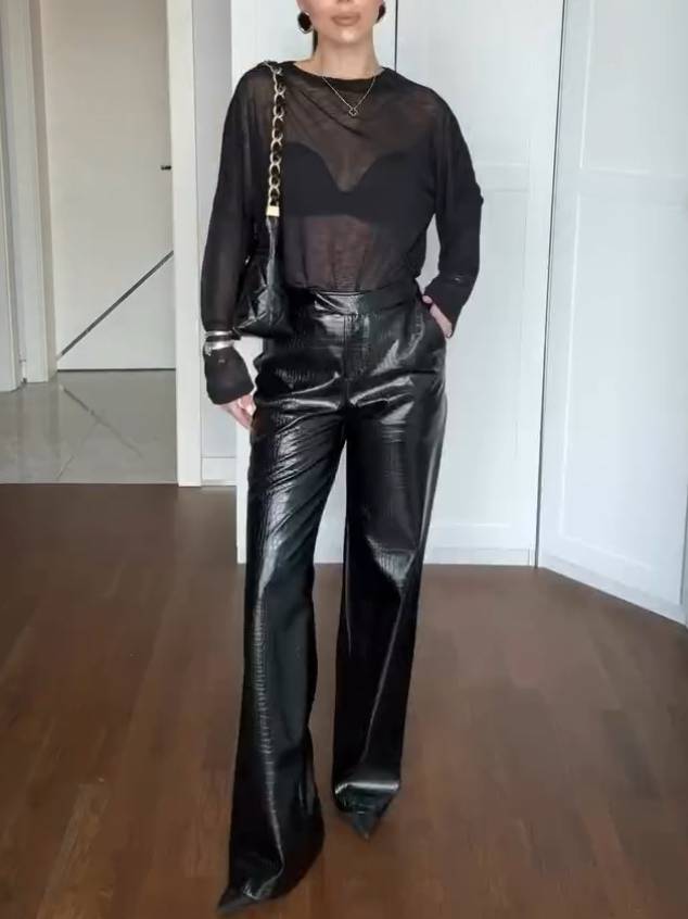 Minimalist Perspective T-shirt And Leather Pants Suit