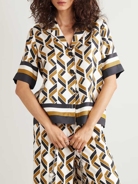 Exquisite Satin Geometric Print Short-sleeved Shirt