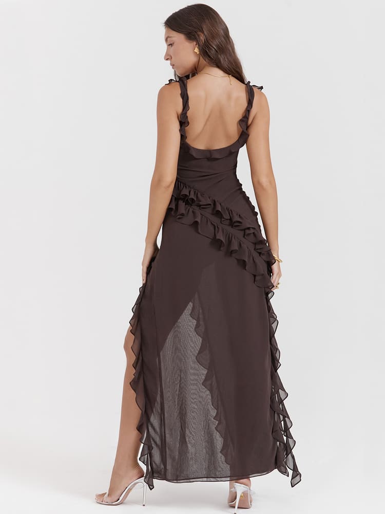 Ruffled Long Maxi Slip Dress - Coffee