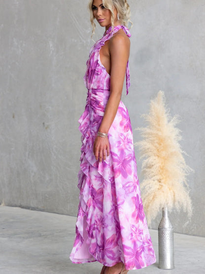 Floral V-Back Slit Halter Dress