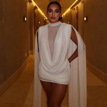 Black Sheer High-Neck Mini Dress with Cape Sleeves