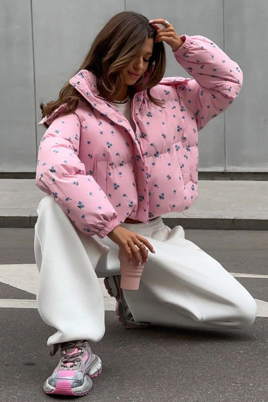 Floral Print Puffer Jacket with Hood