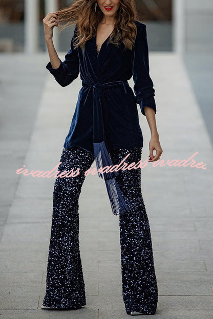 Diva Velvet Sequin High Rise Elastic Waist Flare Pants