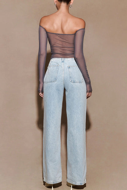 Garcelle Mesh Twist Sequin Bardot Neck Long Sleeve Stretch Top