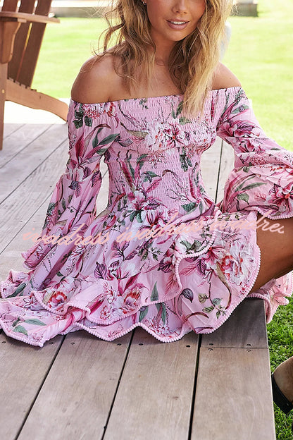 Floral Print Off The Shoulder Pleated Bell Sleeve Fitted Mini Dress