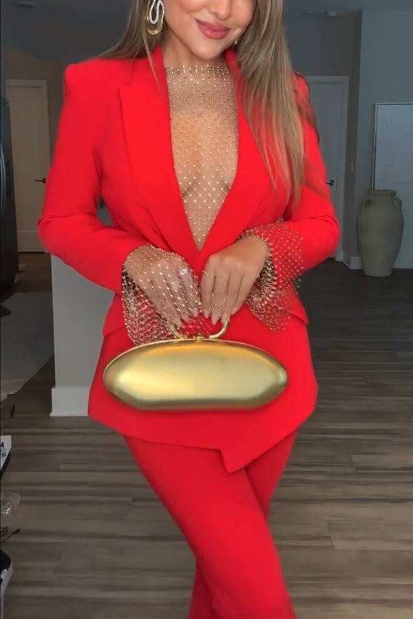 Conjunto de blazer de solapa de un solo botón y pantalón de traje recto con bolsillos y cintura elástica Luxe Lifestyle 