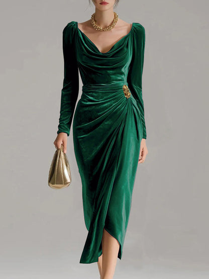 Christmas Red Cowl Neck Long Sleeve Fold Elegant Velvet Midi Dresses