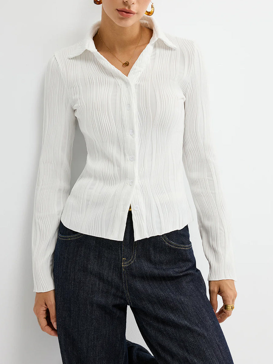 Fashion White Textured Shirt Collar Button Long Sleeve Blouse