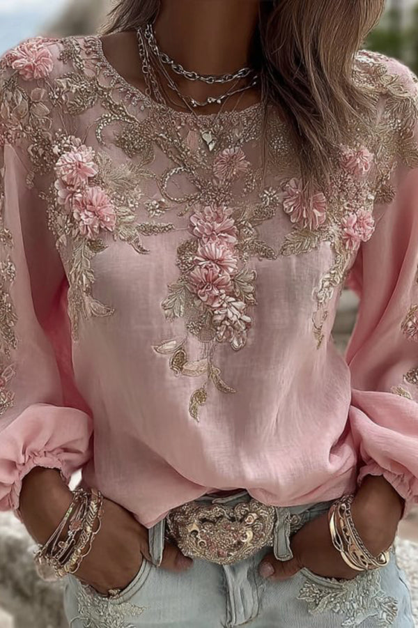 Top holgado de manga larga con cuello redondo y estampado floral bohemio 
