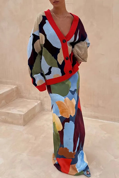 Cárdigan holgado de manga larga con botones y bloques de colores abstractos de punto brillante y atrevido 