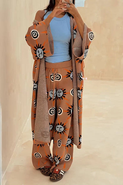 Cárdigan largo de manga acampanada con estampado único de vórtice solar de punto de arte mediterráneo 
