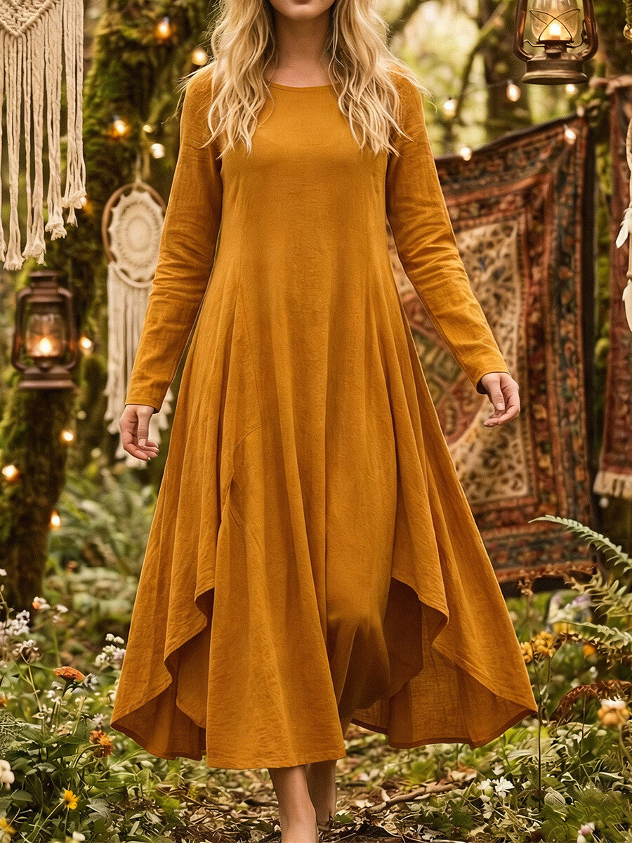 Vacation Blue Round Neck Long Sleeve Asymmetric Hem Vintage Ruffled Linen Maxi Dresses