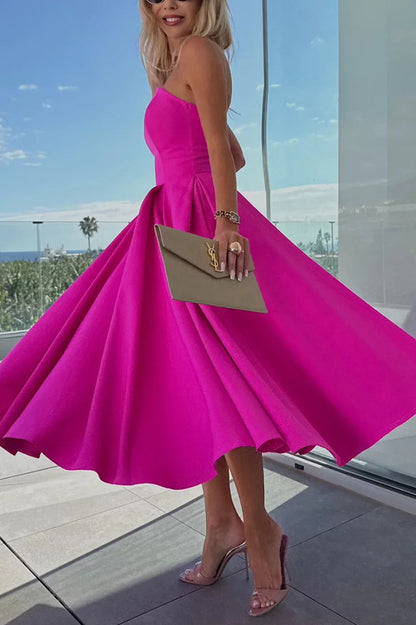 Sweet Cascade Solid Color Off Shoulder Pocket Full Hem Midi Dress