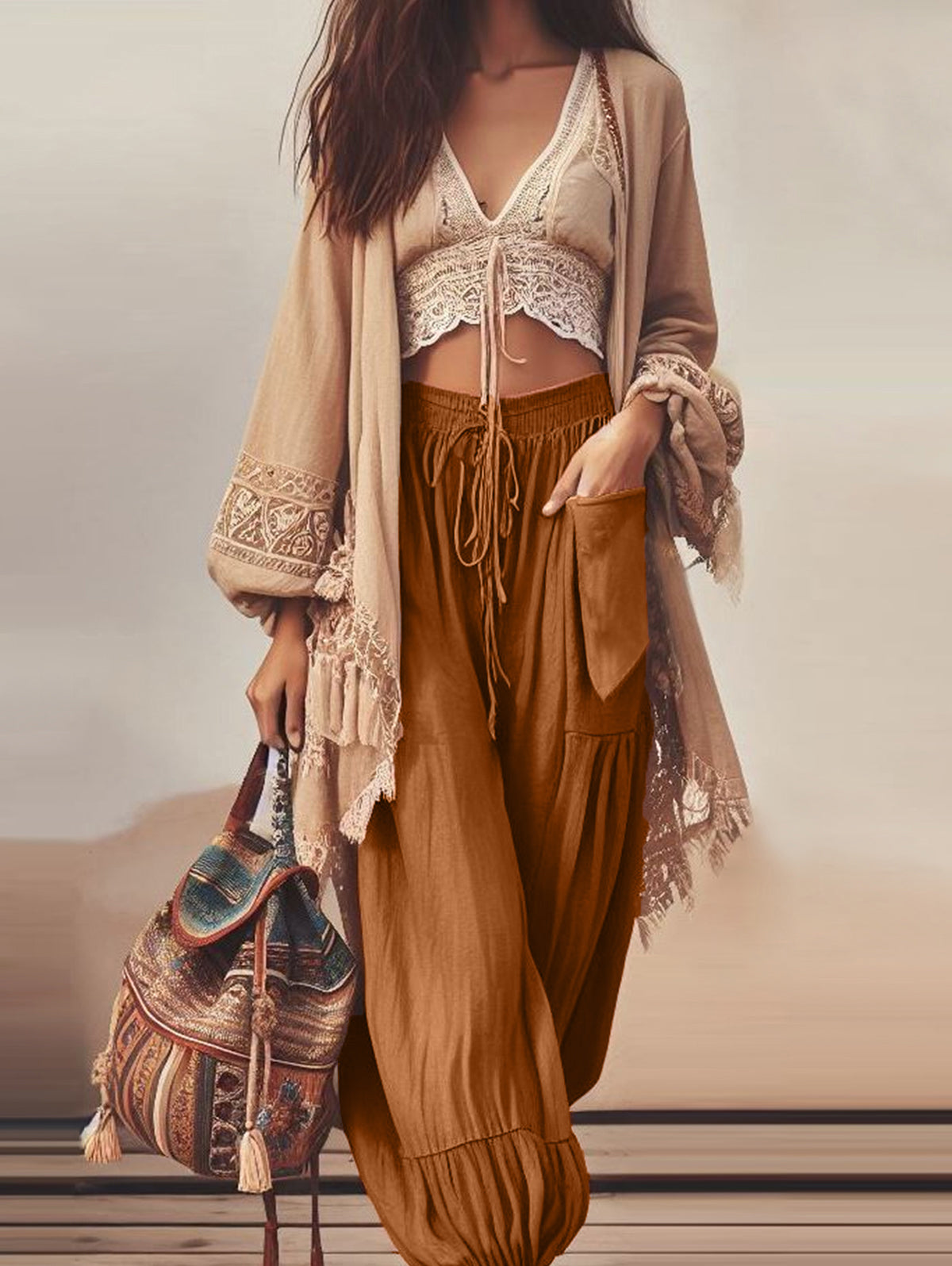 Retro Solid Color Drawstring Waist Pocket Bloomers Pants